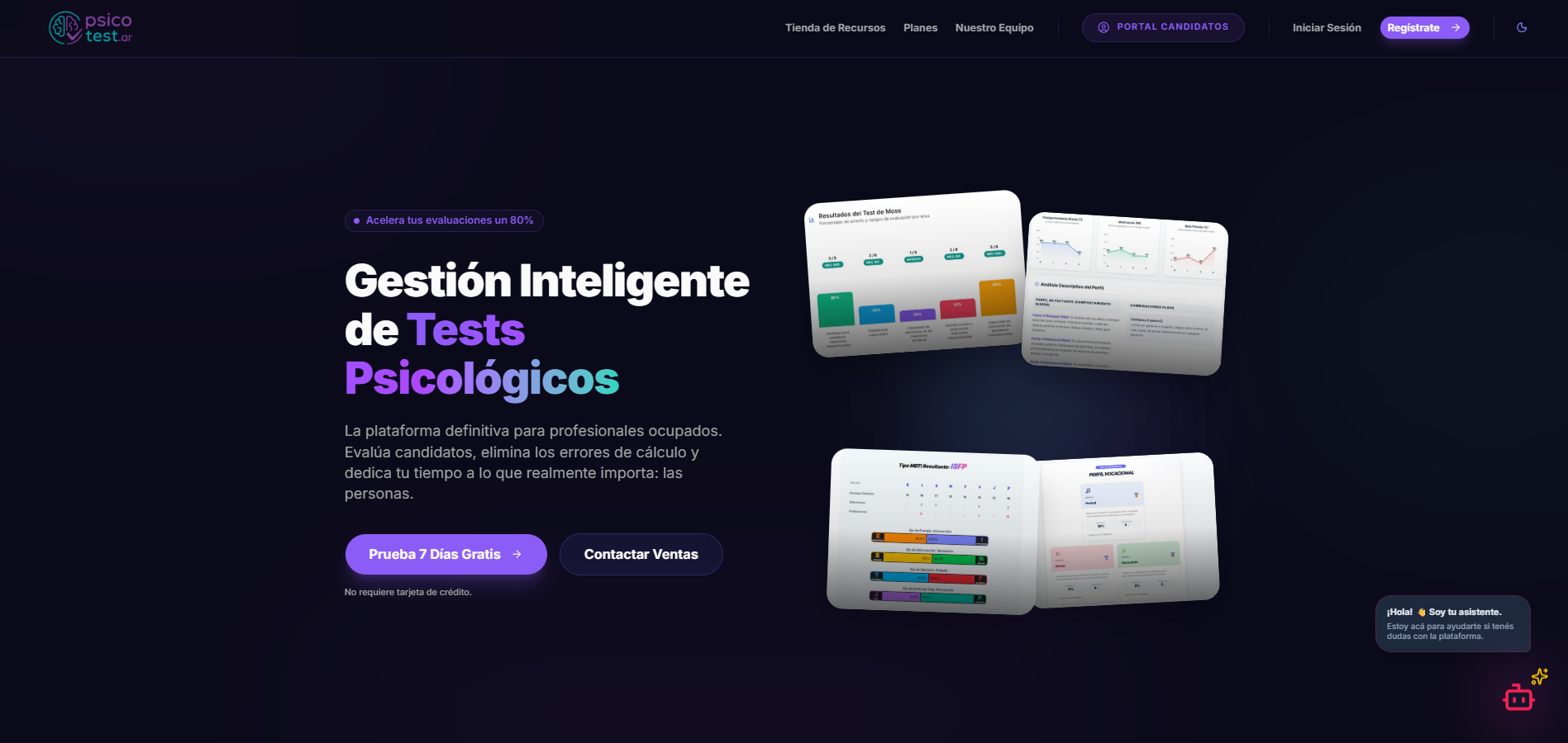 Interfaz de usuario de PsicoTest Platform — Software SaaS de evaluaciones psicométricas y RR.HH.